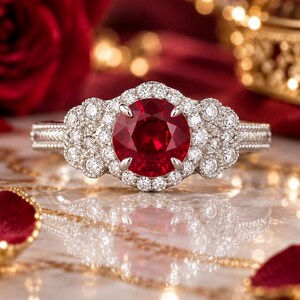 Op de afbeelding: Een zilverkleurige ring met een grote, ronde, dieprode edelsteen in het midden, omringd door een halo van kleine, heldere, fonkelende steentjes. De ringband heeft een textuur met milgrain-rand en de zetting bevat extra kleine steentjes.