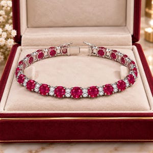 Puede incluir: Una pulsera de tenis en tono plateado que presenta un patrón repetitivo de rubíes redondos de color rojo vibrante alternados con pequeñas piedras blancas transparentes y brillantes. La pulsera incluye un cierre de caja metálico seguro.