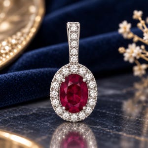 May include: A silver-toned pendant featuring a central oval-cut deep red gemstone surrounded by a halo of small round white stones. The elongated bail is also set with a vertical row of matching small round white stones.