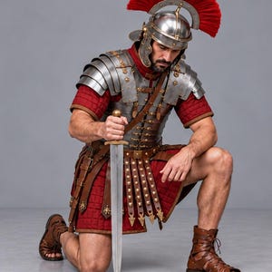 May include: A Roman legionary costume featuring a metallic segmented lorica segmentata chest plate, a red tunic, and a galea helmet with a red crest. The ensemble includes brown leather pteruges, a gladius sword, and brown leather gladiator sandals.