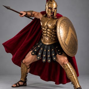 Puede incluir: Un disfraz de guerrero que incluye una coraza de color bronce metálico con detalles de músculos abdominales, un casco a juego con cresta roja y un gran escudo redondo. El conjunto incluye una capa roja oscura, una falda de cuero negro y grebas de bronce.