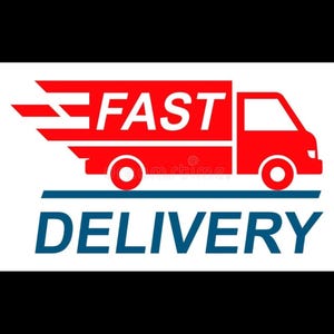 May include: A graphic logo featuring a red stylised delivery truck with motion lines on the left side. The word FAST is printed in white inside the red truck body. Below the truck, the word DELIVERY is written in bold blue capital letters.