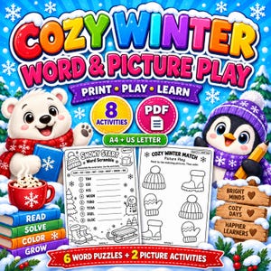 Può includere: Un set di attività digitali intitolato COZY WINTER WORD & PICTURE PLAY con un orso polare e un pinguino. Il set include 8 attività, formato PDF, dimensioni A4 e US Letter, con schede per giochi di parole e di abbinamento.