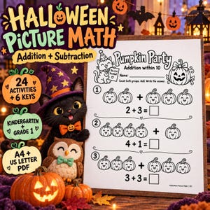 May include: A Halloween-themed math worksheet titled Pumpkin Party featuring addition problems with pumpkin illustrations. The page includes a black cat in a purple witch hat, an owl, and orange pumpkins. Text includes Halloween Picture Math.