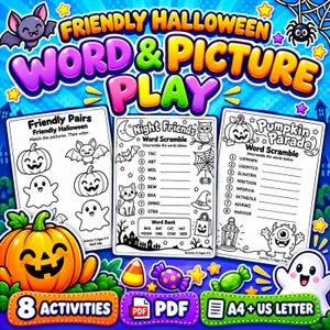 Vänliga Halloween-ordspel och bildaktiviteter för barn, differentierat utskrivbart PDF-paket med svarsnycklar, A4- och US Letter-storlekar