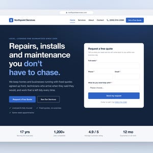 May include: A website landing page for Northpoint Services featuring a dark blue background with white text. The page includes a contact form titled Request a free quote, navigation links, and service highlights such as 17 years of experience.
