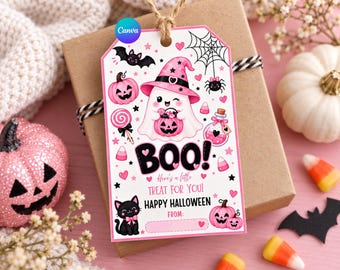 Modello Canva per etichetta regalo di Halloween/ Etichetta per dolcetti Pink Boo/ Etichetta carina per bomboniere di Halloween/ Etichetta regalo di Halloween modificabile e stampabile/ Dolcetto o scherzetto