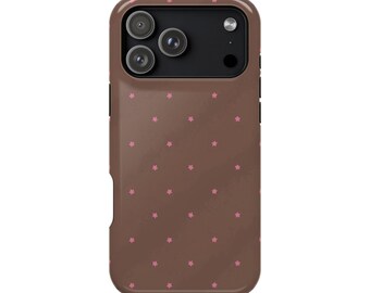 May include: A brown smartphone case featuring a repeating pattern of small, light pink stars. The case has a rectangular cutout at the top for a triple-lens camera system and a flash, with a black border surrounding the camera lenses.