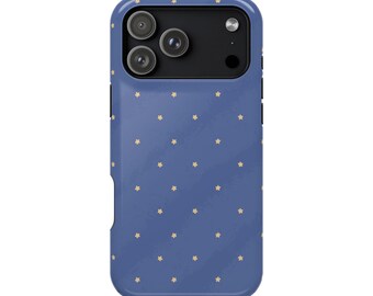 May include: A blue smartphone case featuring a repeating pattern of small, light yellow stars. The case has a rectangular cutout at the top for a triple-lens camera system and a circular cutout for a flash, with black camera housing.
