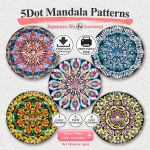5 modelli di mandala a punti in PDF stampabile | Set di modelli da colorare e disegnare con download immediato | Collezione Japanese-Wa (Armonia) vol. 1-5