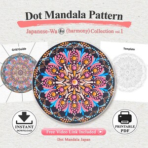 Könnte beinhalten: Ein Punkt-Mandala-Muster mit dem Titel Dot Mandala Pattern Japanese-Wa (harmony) Collection vol.1. Das Bild zeigt ein kreisförmiges Mandala mit rosa, orangefarbenen und blauen Punkten auf dunklem Grund sowie eine Rastervorlage und ein Template.
