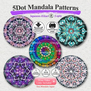 Puede incluir: Cinco patrones de mandala circulares con diseños complejos de arte de puntos en varias paletas de colores, incluyendo rosa, turquesa, morado y arcoíris. La imagen incluye etiquetas de texto como 5Dot Mandala Patterns, Japanese-Hikari (Light), Instant Download, Printable PDF y 5Free Video Links Included.