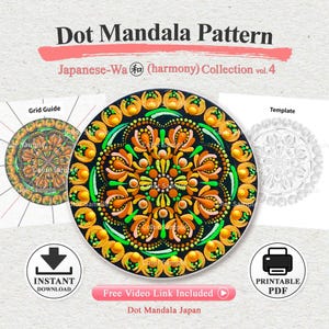 以下が含まれることがあります： Dot Mandala Pattern Japanese-Wa (harmony) Collection vol.4というタイトルのドットマンダラパターン。円形のデザインには、黒い背景にオレンジ、黄色、緑のドットが描かれています。グリッドガイド、テンプレート、およびインスタントダウンロード用のテキストが含まれています。