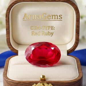 Pode incluir: Uma pedra preciosa rubi vermelha oval facetada exibida dentro de uma caixa de joias de madeira aberta com interior de veludo creme. A tampa apresenta o texto dourado ArnaGems e GEM-TYPE: Red Ruby. Uma fita azul envolve a base da caixa.