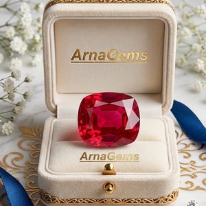 Peut inclure: Une grande pierre précieuse rouge profond, taillée en coussin, placée au centre d'un écrin en velours crème portant l'inscription dorée ArnaGems. La boîte présente un fermoir et une bordure dorés, entourée de petits diamants et rubis.