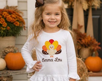 Girls Thanksgiving Turkey Applique Embroidered Fall White Ruffle Shirt or Bodysuit