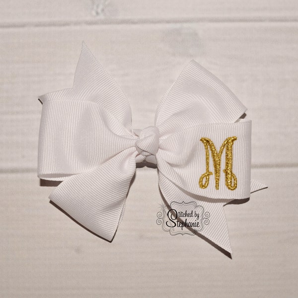4 inch initial white and gold boutique hair bow monogrammed embroidered initial pinwheel toddler girls hairbow