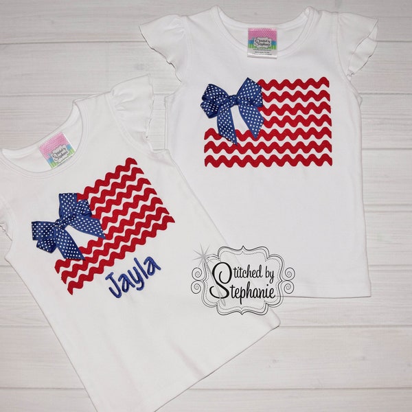 Girls Ric Rac Flag with bow Patriotic Fourth 4th of July white short flutter sleeve shirt  Embroidered Personalized Monogrammed with name