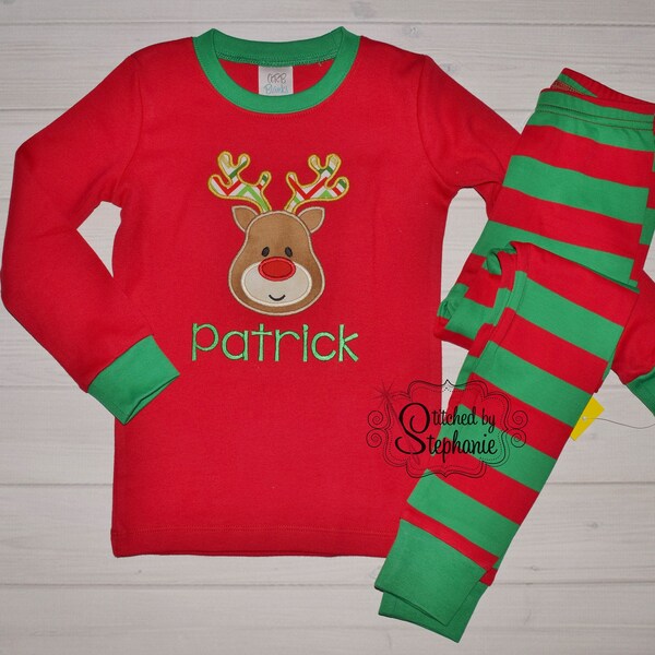 Christmas PJs Reindeer Applique Red and Green Striped Family Holiday Pajamas Personalized Monogrammed Embroidered Name