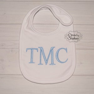 Baby boys monogrammed bib light blue monogram on white bib embroidered personalized initials baby shower gift