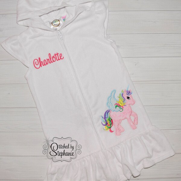 Girls rainbow unicorn white terry swim beach coverup pink blue applique dress embroidered monogrammed personalized with name