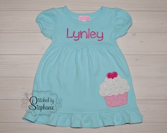 Girls Birthday Cupcake pink heart applique aqua blue short sleeve ruffle dress monogrammed embroidered initial personalized name
