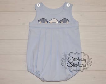 Baby boys handmade blue bubble romper with embroidered vintage navy gingham car applique heirloom pique summer sunsuit one piece