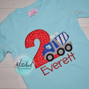 Boys Birthday Cement Mixer Construction Truck Applique with name aqua blue short sleeve shirt  Embroidered Personalized Monogrammed