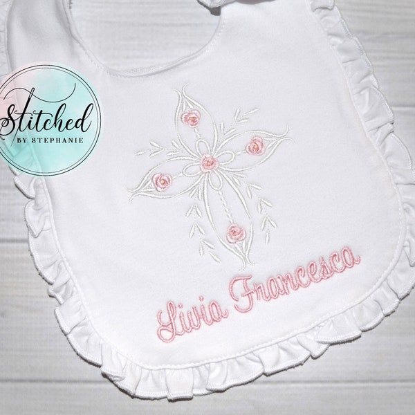 Baby girls floral cross bib baptism christening dedication embroidered pink flowers monogrammed personalized goddaughter baby gift