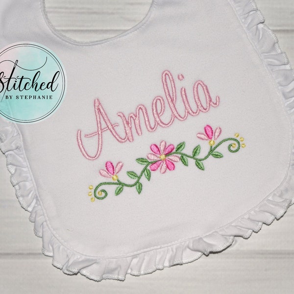 Baby girls pink floral border white ruffle bib embroidered monogrammed personalized with name baby shower flower girl gift