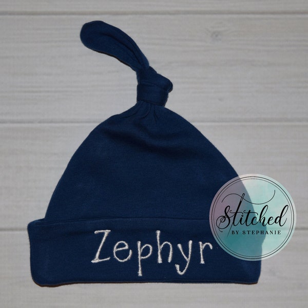 Baby boys personalized navy blue knotted beanie hat white name embroidered monogrammed baby shower gift