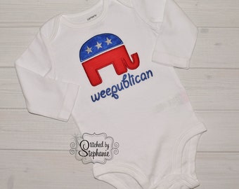 Baby boys girls Weepublican republican elephant applique patriotic Fourth 4th of July embroidered short long sleeve bodysuit shirt