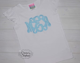 Girls Blue Gingham Classic Applique 3 letter Monogram White Flutter Short Sleeve Shirt Embroidered Personalized