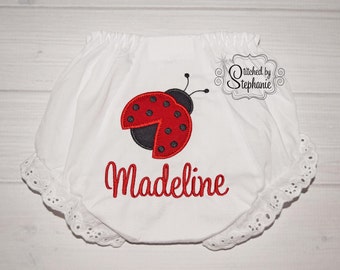 Baby girls red ladybug applique bloomers monogrammed personalized name eyelet ruffle panties diaper cover baby shower gift