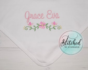 Baby girl pink floral personalized name blanket white plain or ruffled monogrammed baby shower gift crib stroller receiving blanket