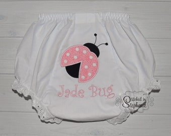 Baby girl pink ladybug applique bloomers monogrammed personalized name eyelet ruffle panties diaper cover baby shower gift