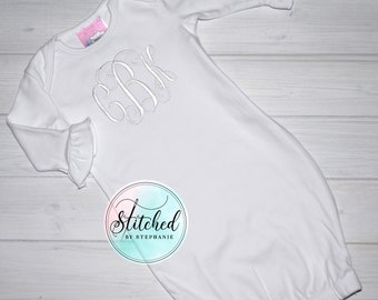 Baby girl ruffle gown white monogrammed with initials personalized embroidered newborn coming home hospital outfit shower gift