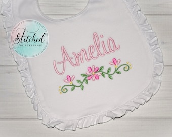 Baby girls pink floral border white ruffle bib embroidered monogrammed personalized with name baby shower flower girl gift