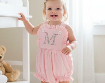 Baby girls pink ruffle sunsuit romper with floral embroidered monogram