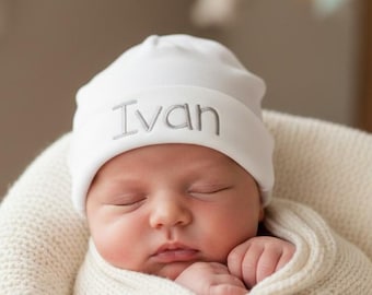 Personalized Baby Boy White Hat with Gray Embroidered Name
