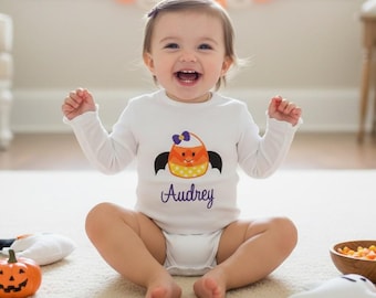 Baby Girls Candy Corn Vampire Bat Halloween Applique Embroidered Ruffle Bodysuit or Shirt