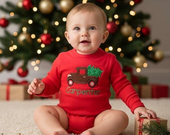 Boys Christmas Tree Truck Applique Embroidered Red Bodysuit or Shirt