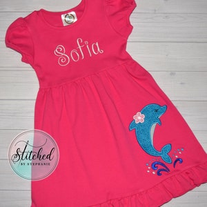 Girls hot pink dolphin applique short sleeve ruffle dress