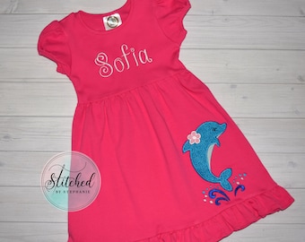 Girls hot pink dolphin applique short sleeve ruffle dress