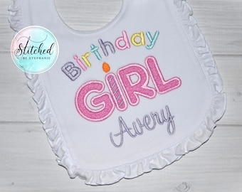 Girls First Birthday Applique Embroidered Ruffle Bib