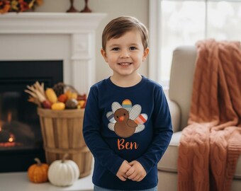 Boys Thanksgiving Turkey Applique Embroidered Navy Shirt or Bodysuit