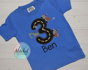 Boys Construction Vehicle Birthday Applique Embroidered Royal Blue Shirt