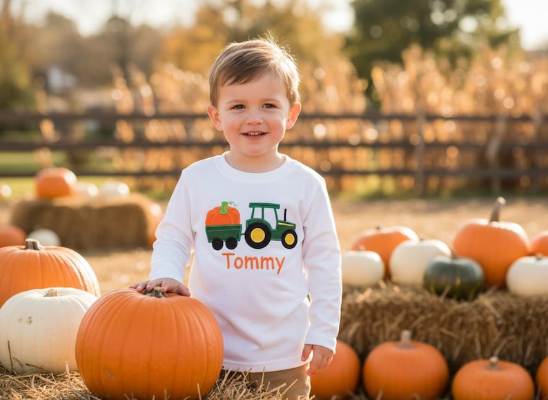 Pumpkin Tractor Applique Fall Shirt Embroidered Halloween Thanksgiving Brown Shirt or Bodysuit image 8