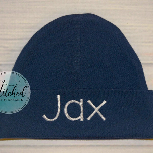 Baby boys personalized navy blue beanie hat white name embroidered monogrammed baby shower gift