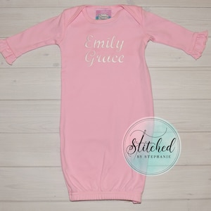 Baby girl pink ruffle gown with name monogrammed personalized embroidered newborn coming home outfit baby shower gift